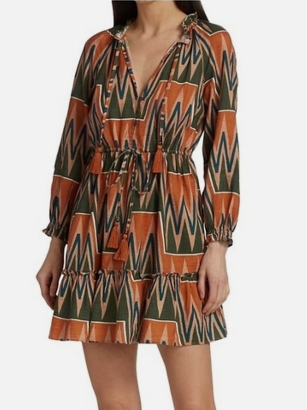 Veronica Beard Sz M Dress Linen Tiered Danica Green Orange V-neck Boho Retro。